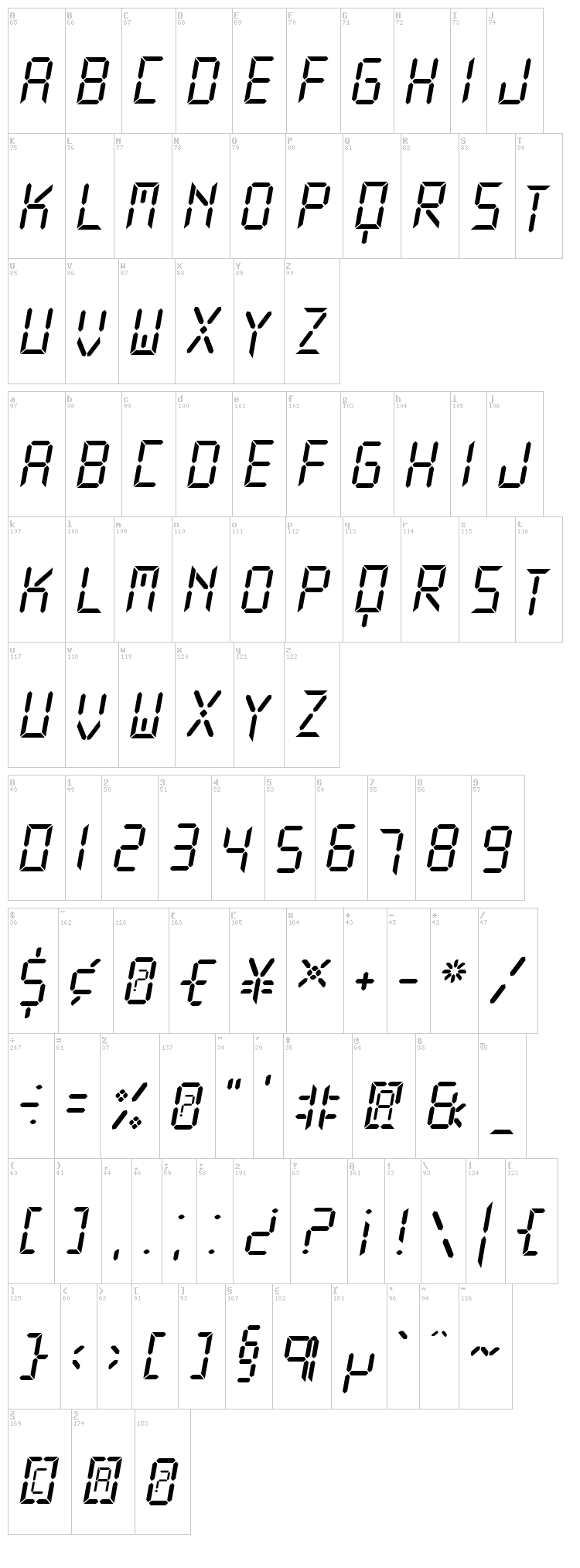 New X Digital TFB font map